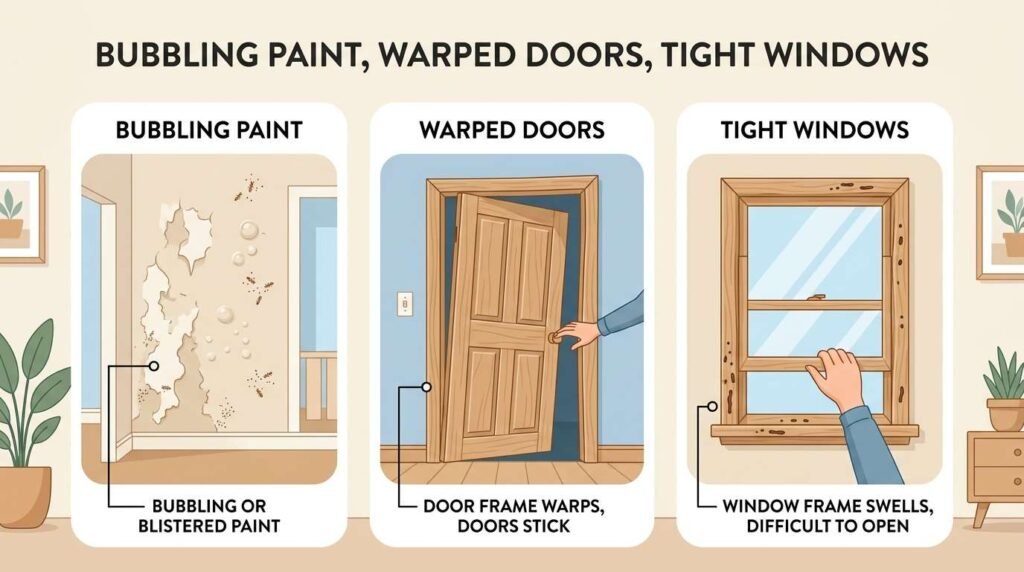 Bubbling paint, warped door, and tight window showing possible termite damage