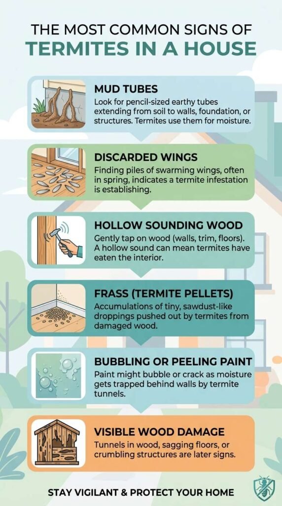 Vertical infographic showing the most common signs of termites in a house