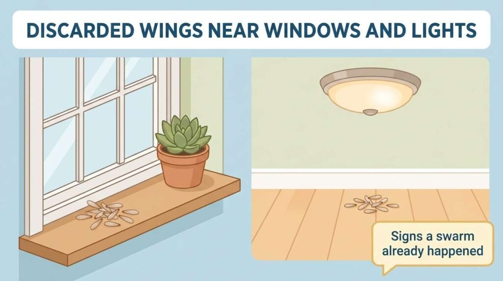 Discarded termite wings near a windowsill and indoor light fixture