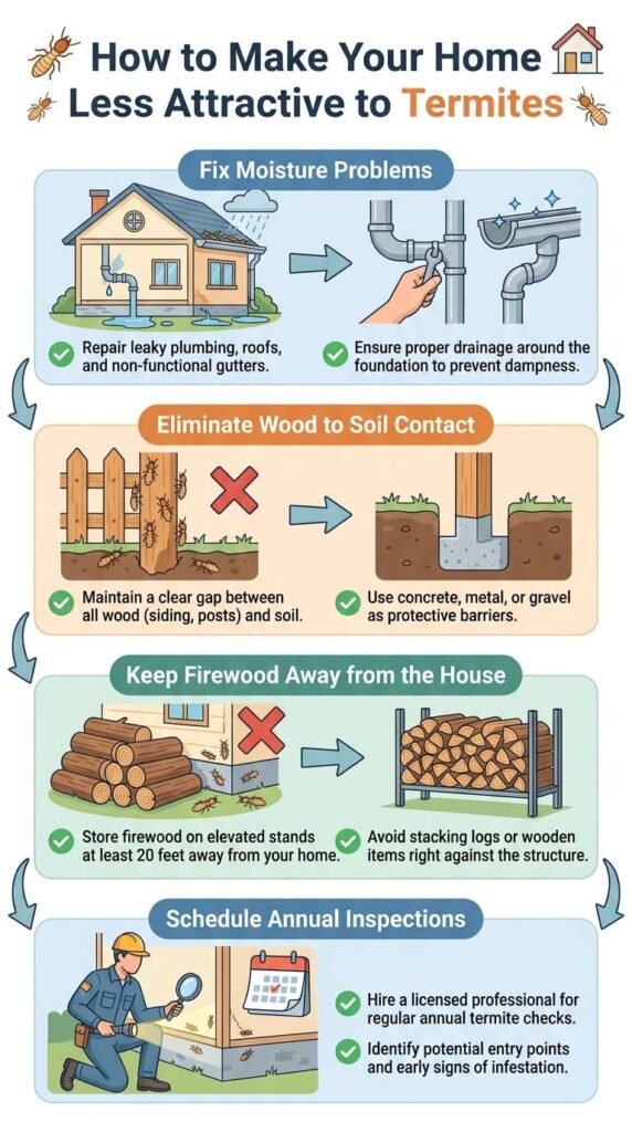 Termite prevention checklist for reducing moisture, wood contact, and firewood risks