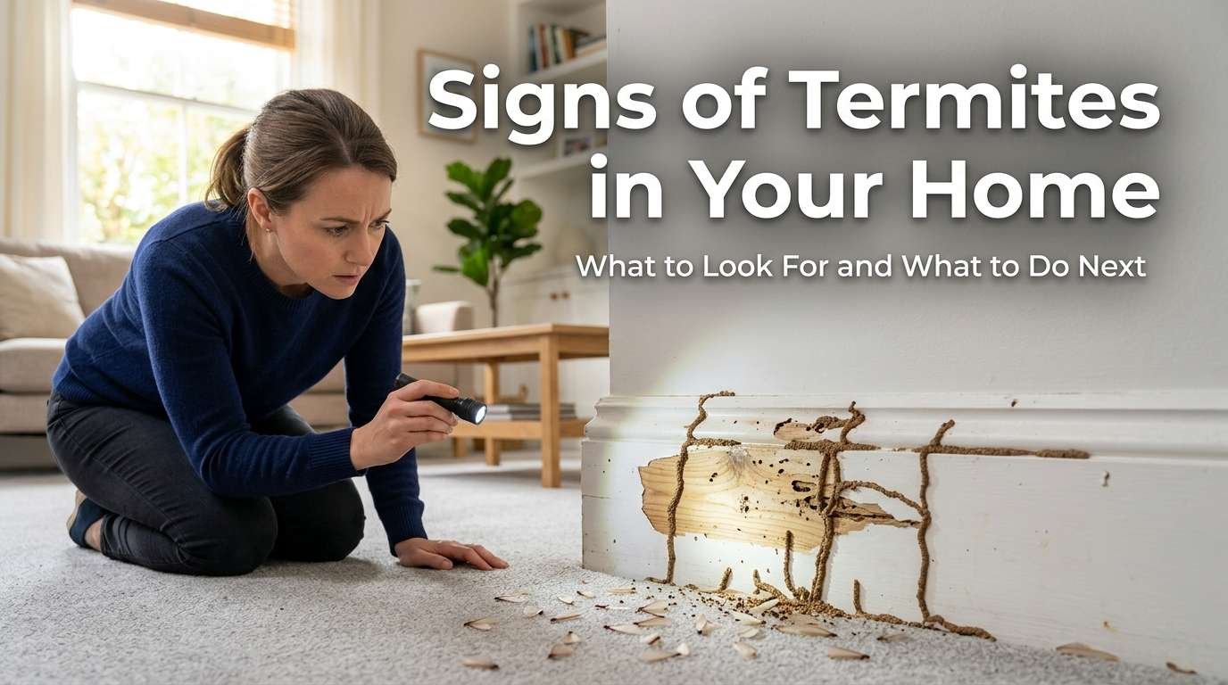 Signs of termites in a home with mud tubes, discarded wings, and a homeowner inspecting wood damage