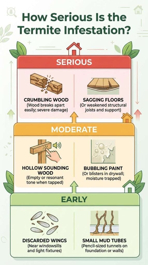 Termite infestation severity scale from early signs to serious structural damage