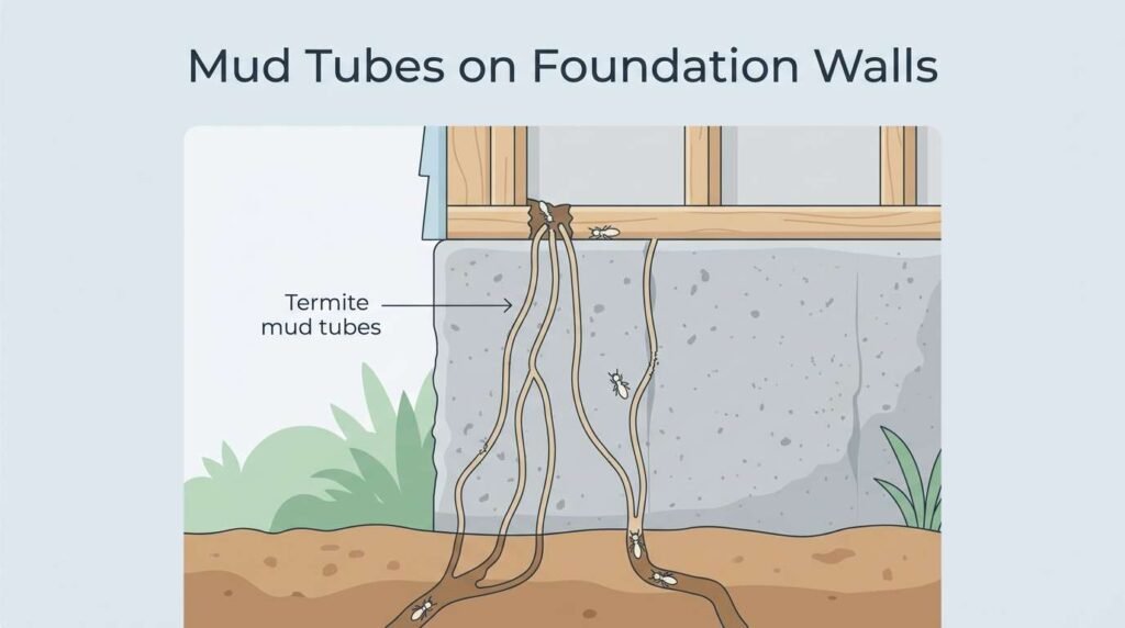 Termite mud tubes running along a home foundation wall