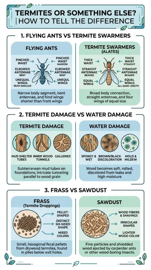 Comparison infographic showing termites versus flying ants, water damage, and sawdust