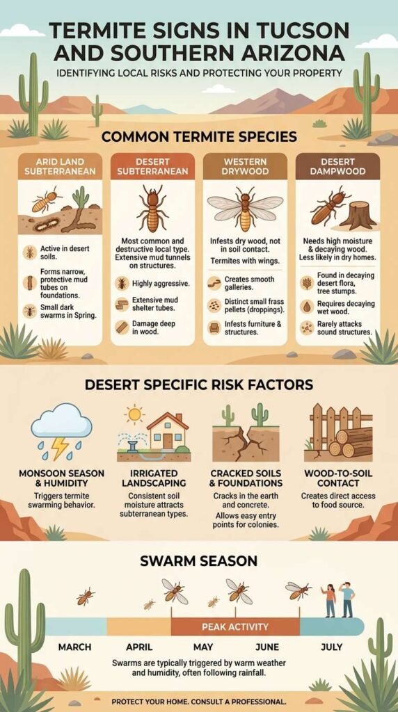 Infographic showing termite species, risk factors, and swarm season in Tucson and Southern Arizona