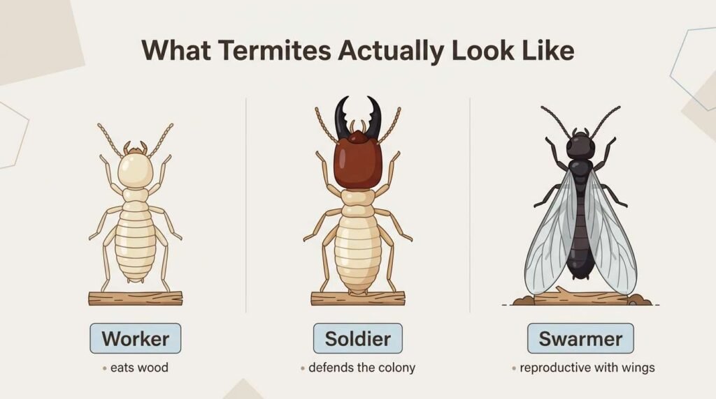 Flat illustration comparing worker termites, soldier termites, and swarmer termites