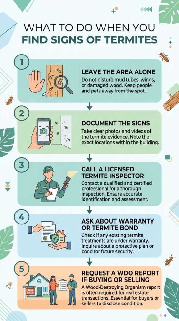 Step by step infographic explaining what to do after finding termite signs