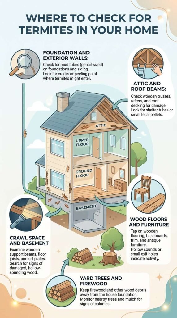 Home inspection infographic showing where to check for termite signs